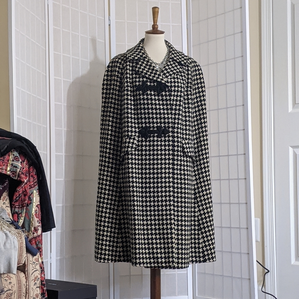 Vintage Houndstooth 60s Cape Coat Sz S M